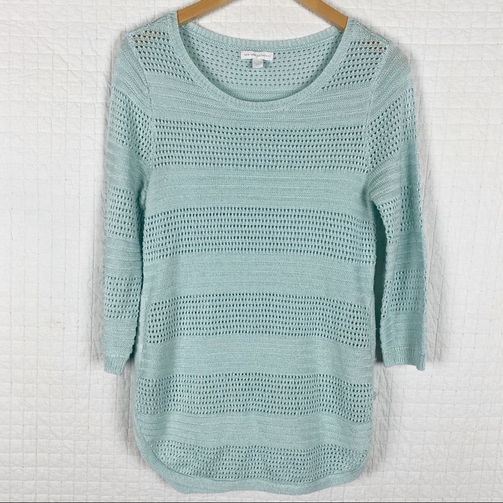 New York & Co 3/4 Sleeve Open Knit Blue Sweater S